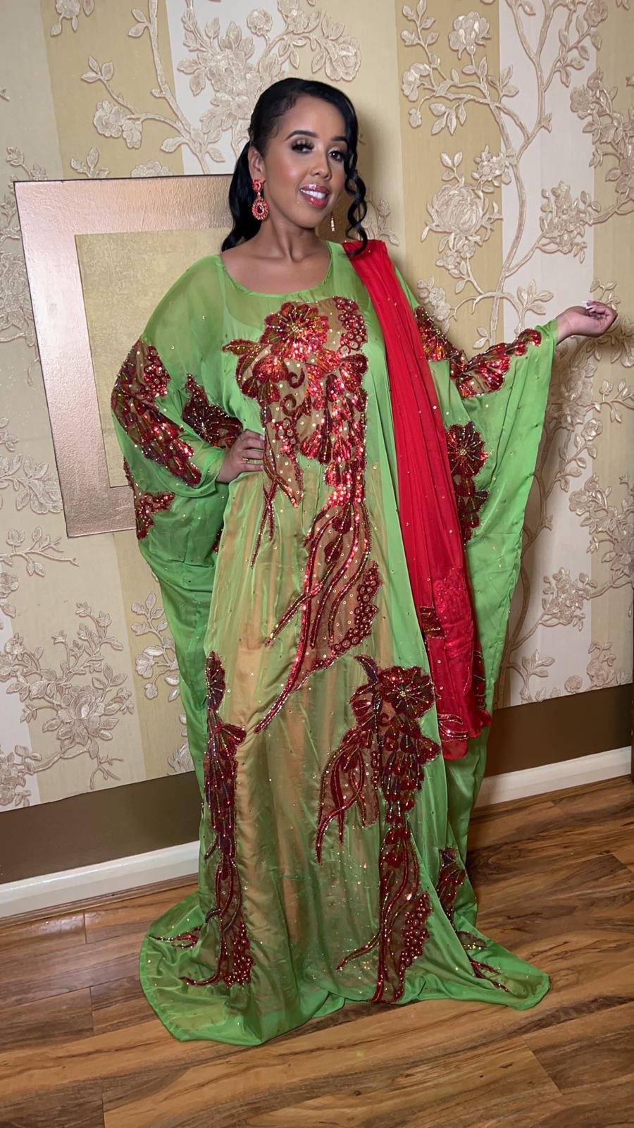 Finch Yellow Green and Red Silk Chiffon Somali Dirac Set