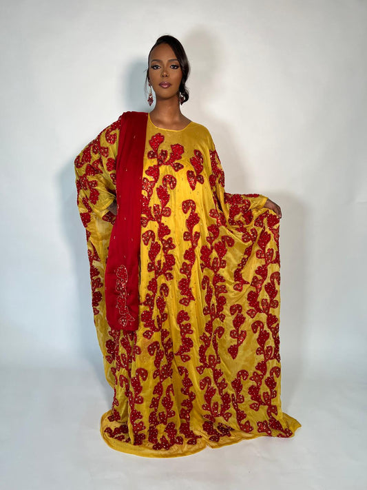 Crow Yellow and Red Silk Chiffon Somali Dirac Set