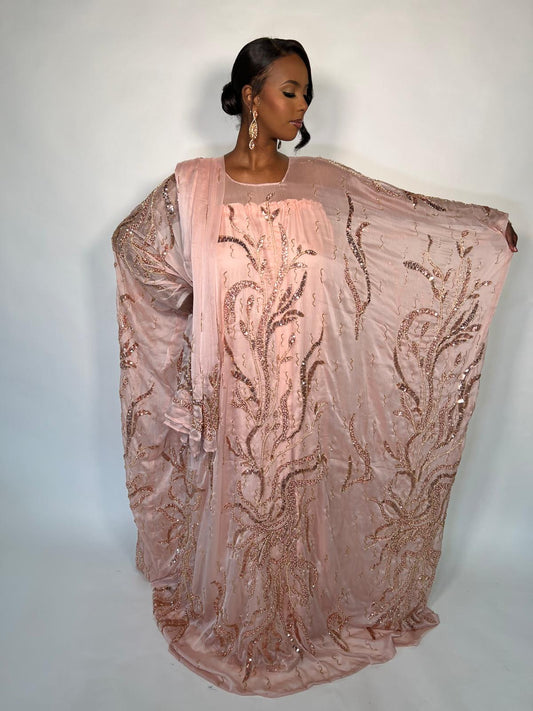 Swan Dusty Pink & Rose Gold Vine Embellished Silk Chiffon Somali Dirac Set