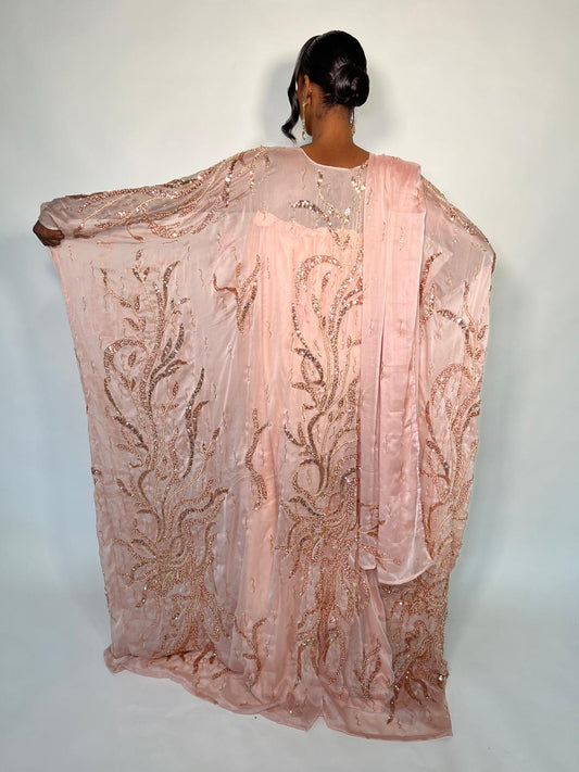 Swan Dusty Pink & Rose Gold Vine Embellished Silk Chiffon Somali Dirac Set