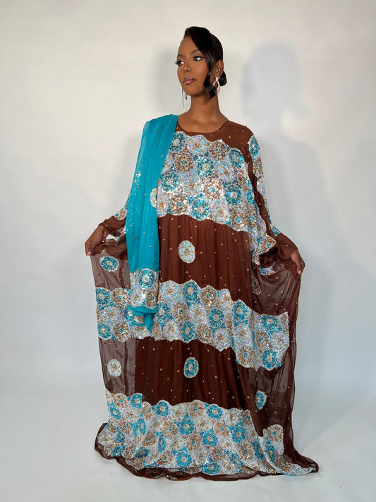 Kiwi Brown & Turquoise Embellished Silk Chiffon Somali Dirac Set