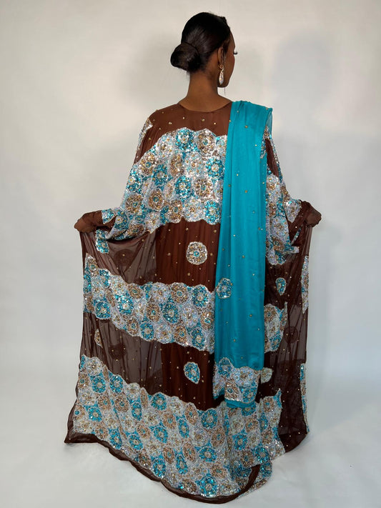 Kiwi Brown & Turquoise Embellished Silk Chiffon Somali Dirac Set