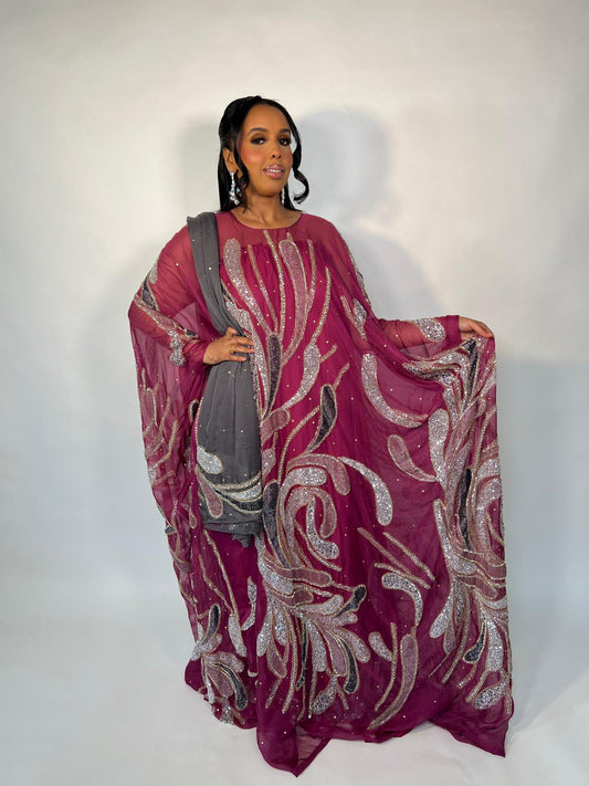 Sparrow Burgundy & Gray Embellished Silk Chiffon Somali Dirac Set