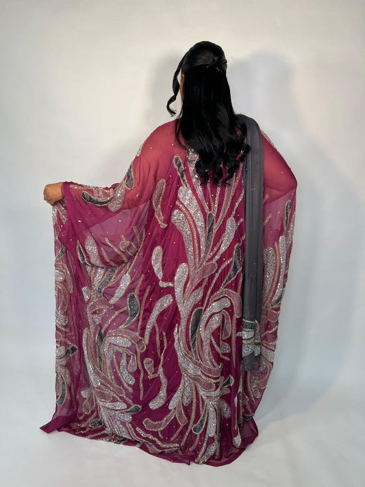 Sparrow Burgundy & Gray Embellished Silk Chiffon Somali Dirac Set