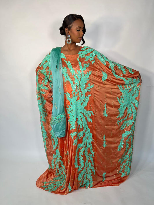 Parrot Orange with Green Sequin Silk Chiffon Somali Dirac Set