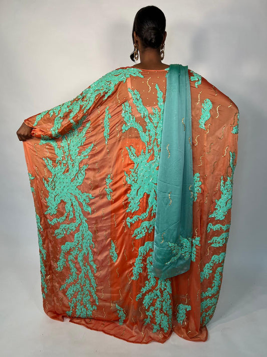 Parrot Orange with Green Sequin Silk Chiffon Somali Dirac Set