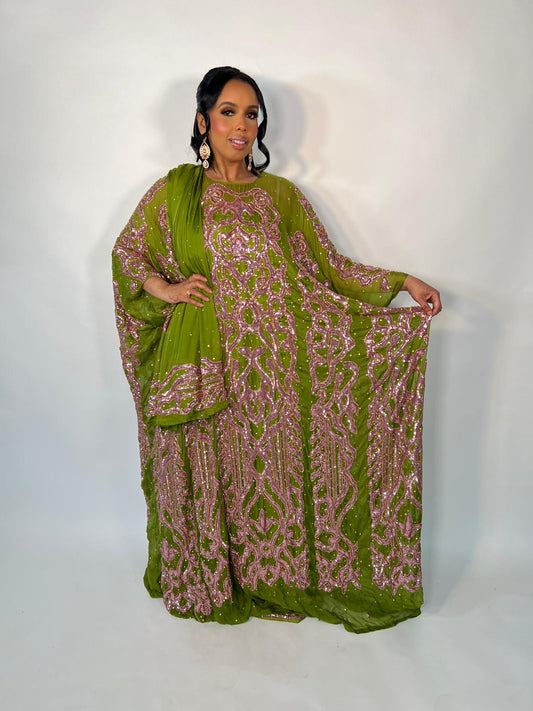 Hummingbird Green with Pink Sequin Silk Chiffon Somali Dirac Set