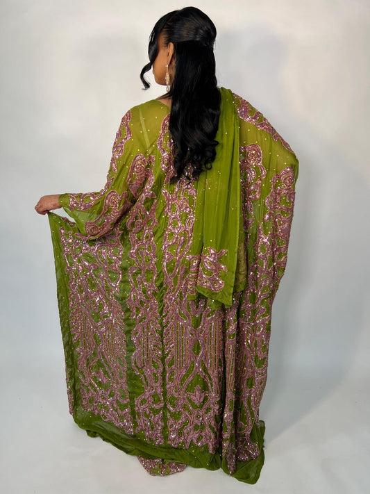 Hummingbird Green with Pink Sequin Silk Chiffon Somali Dirac Set