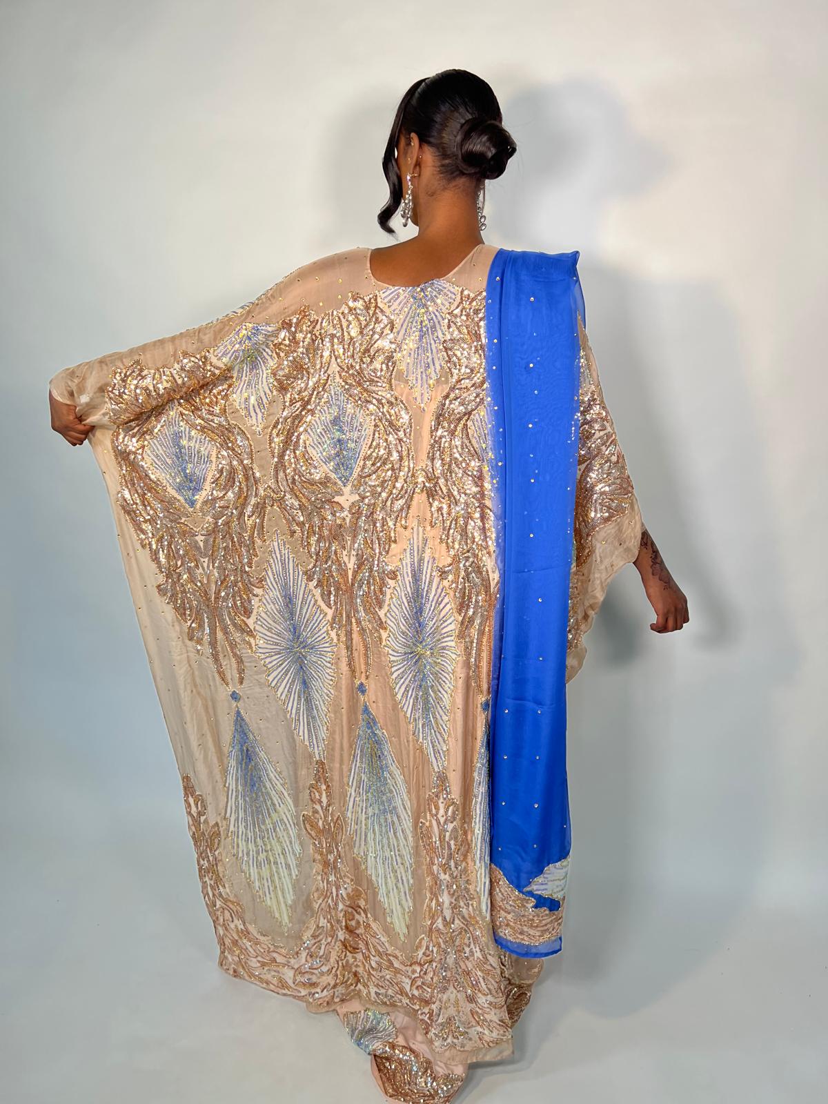 Nightingale Beige with Gold Sequin and Blue Silk Chiffon Somali Dirac Set