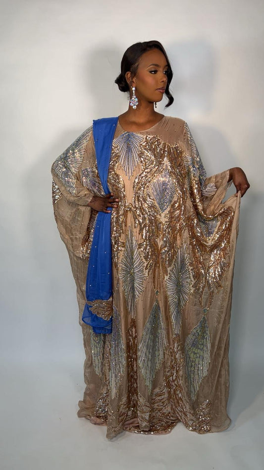 Nightingale Beige with Gold Sequin and Blue Silk Chiffon Somali Dirac Set