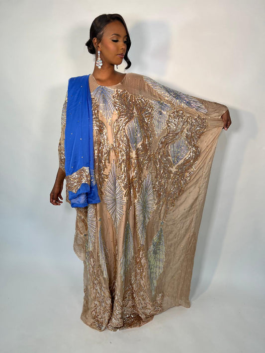 Nightingale Beige with Gold Sequin and Blue Silk Chiffon Somali Dirac Set