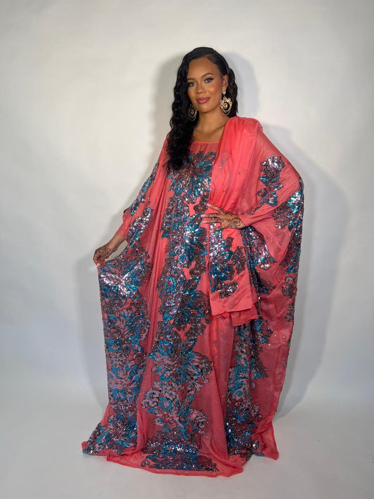 Flamingo Coral Pink with Blue Sequin Silk Chiffon Somali Dirac Set