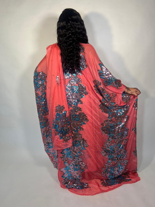 Flamingo Coral Pink with Blue Sequin Silk Chiffon Somali Dirac Set