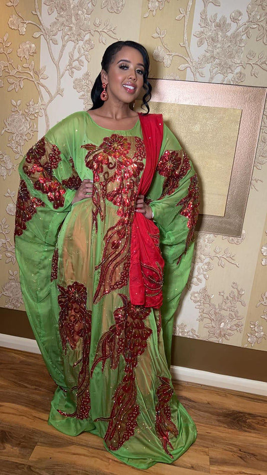 Finch Yellow Green and Red Silk Chiffon Somali Dirac Set