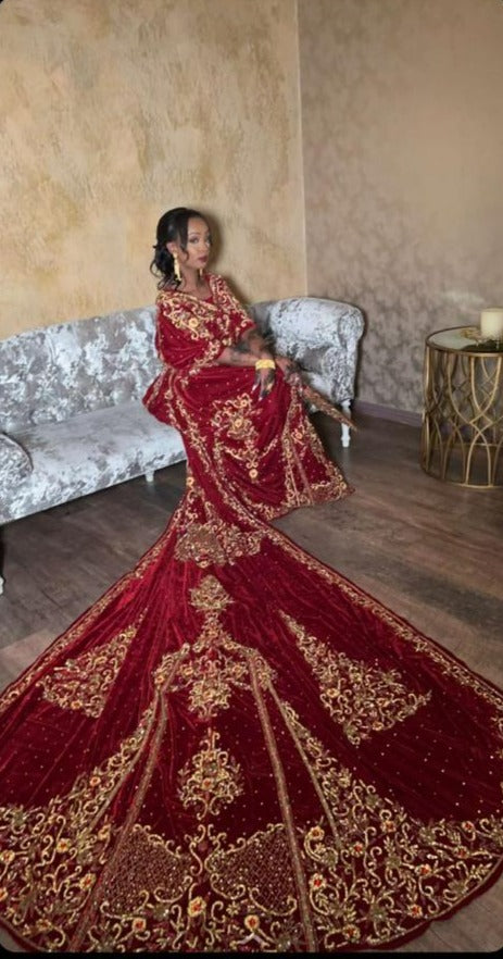 Somali Bridal Dirac Velvet Maroon gold finish