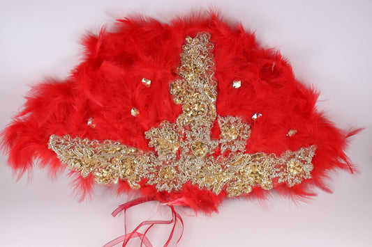 Bridal Red fur feather hand-held fan finished with fancy fabric and rhinestone