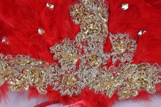 Bridal Red fur feather hand-held fan finished with fancy fabric and rhinestone