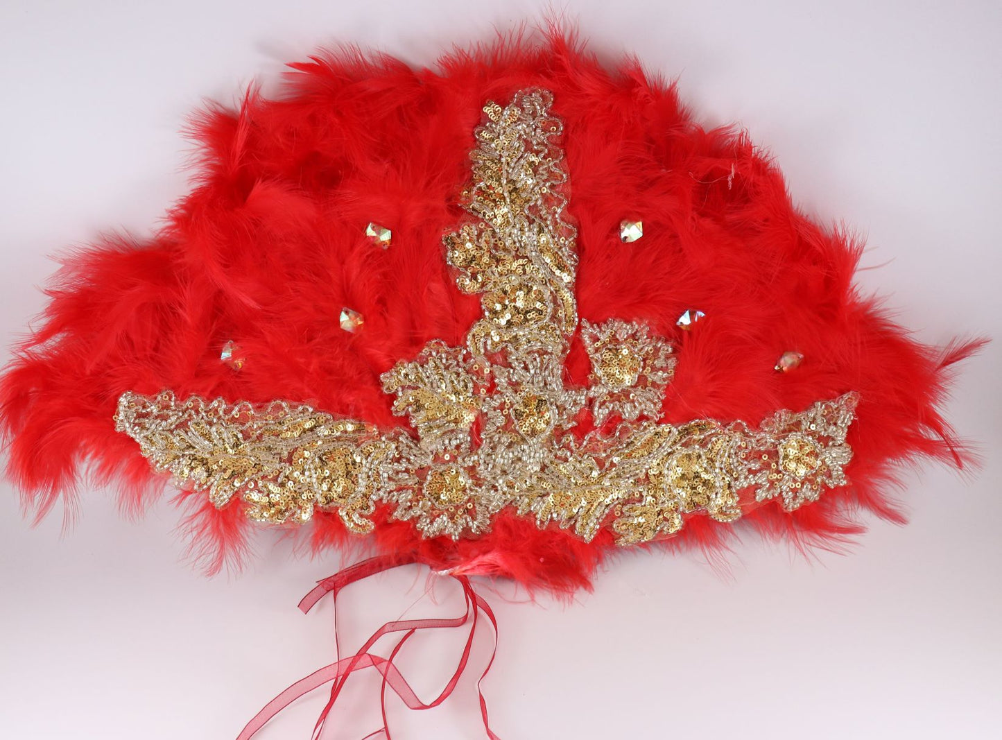 Bridal Red fur feather hand-held fan finished with fancy fabric and rhinestone