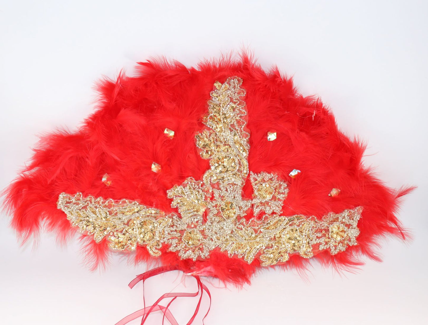 Bridal Red fur feather hand-held fan finished with fancy fabric and rhinestone