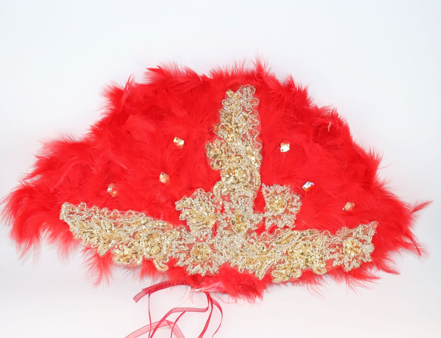 Bridal Red fur feather hand-held fan finished with fancy fabric and rhinestone