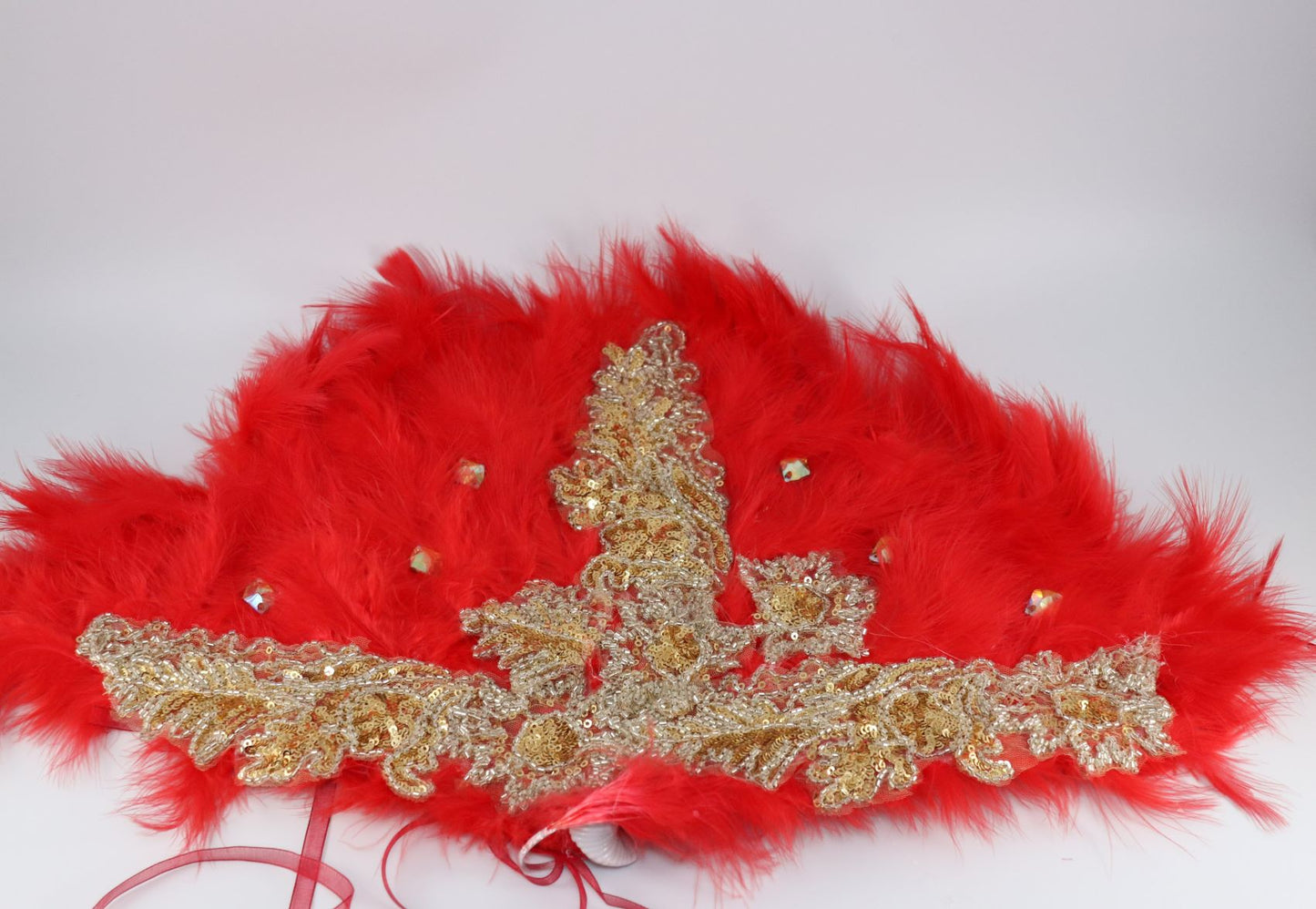 Bridal Red fur feather hand-held fan finished with fancy fabric and rhinestone