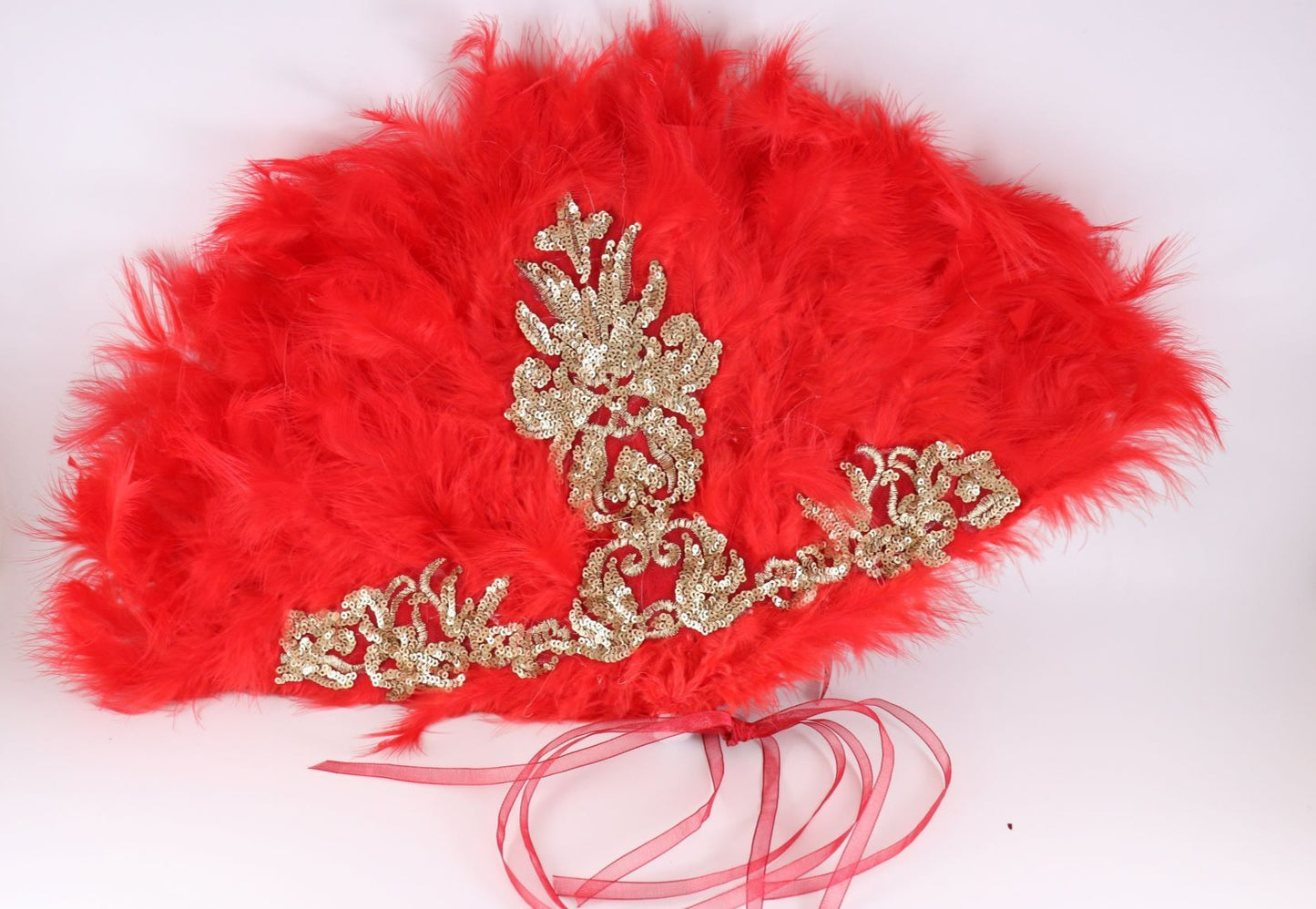 Bridal Red fur feather hand-held fan finished with golden fancy fabric