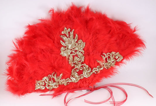 Bridal Red fur feather hand-held fan finished with golden fancy fabric