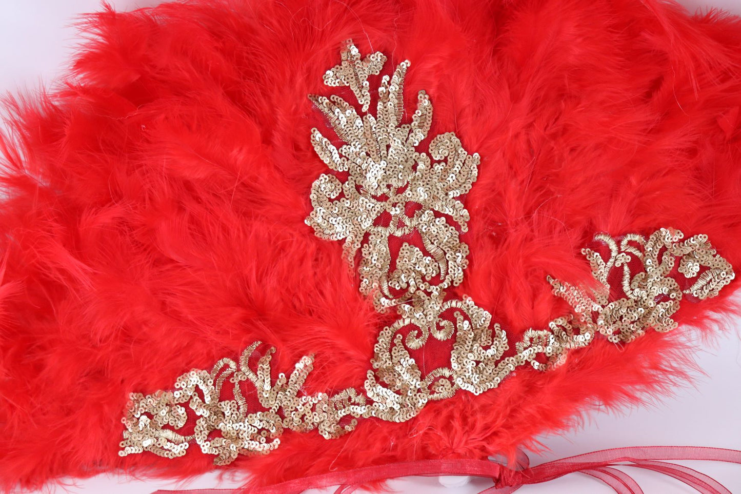 Bridal Red fur feather hand-held fan finished with golden fancy fabric