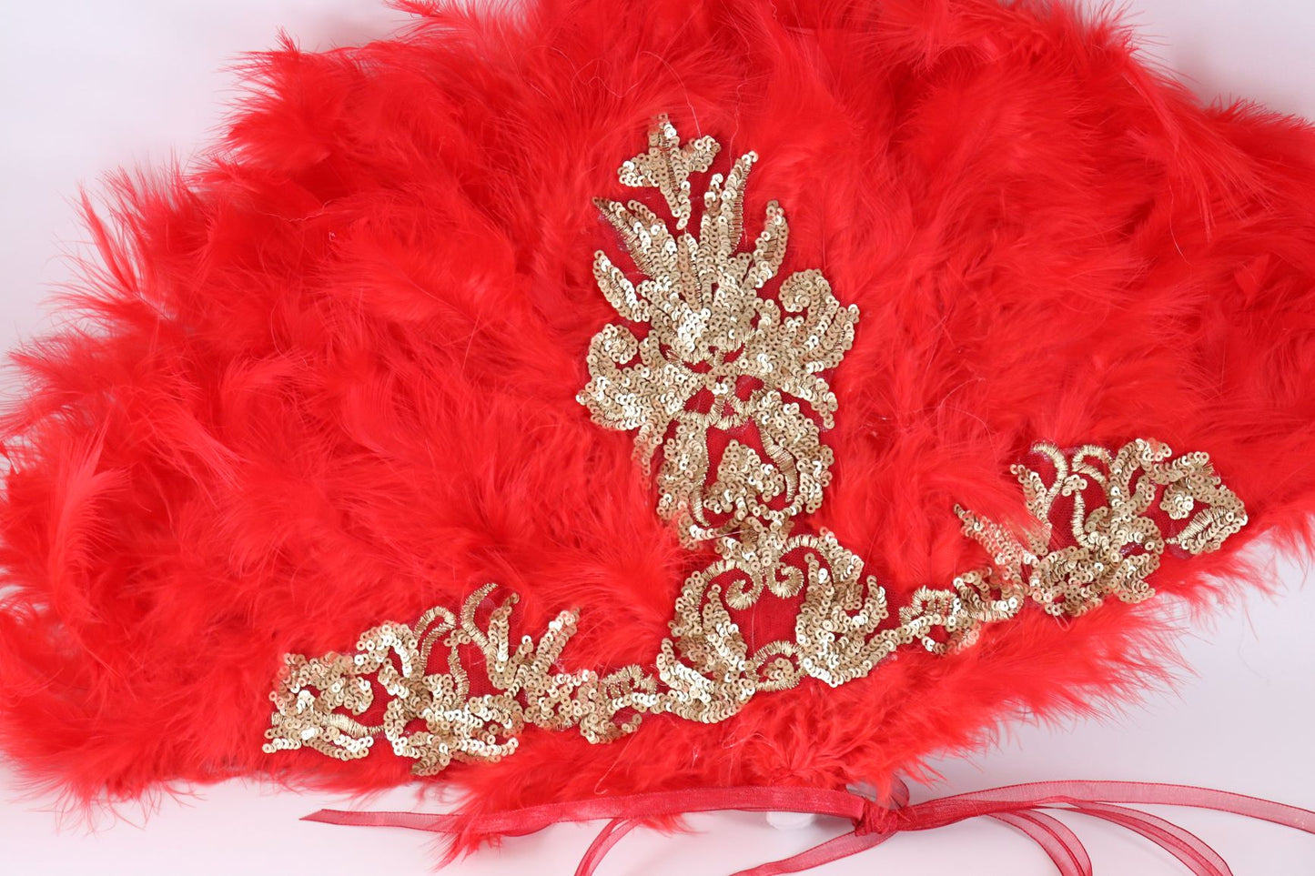 Bridal Red fur feather hand-held fan finished with golden fancy fabric