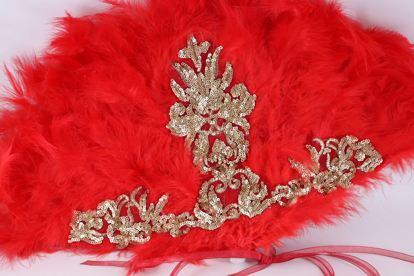 Bridal Red fur feather hand-held fan finished with golden fancy fabric