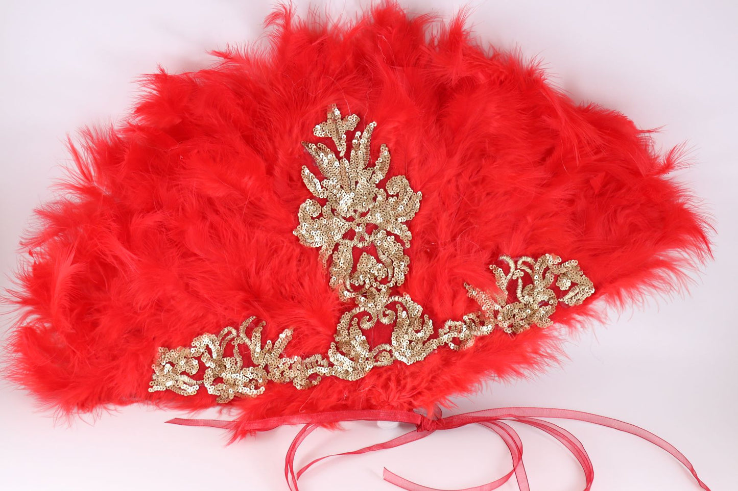 Bridal Red fur feather hand-held fan finished with golden fancy fabric