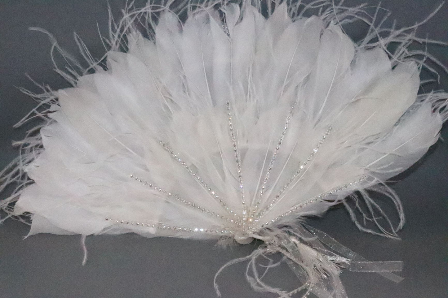 White bridal Brazilian Bird Feather hand-held Fan added crystal stones