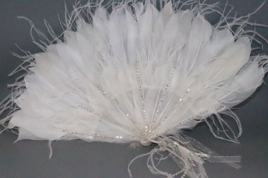 White bridal Brazilian Bird Feather hand-held Fan added crystal stones