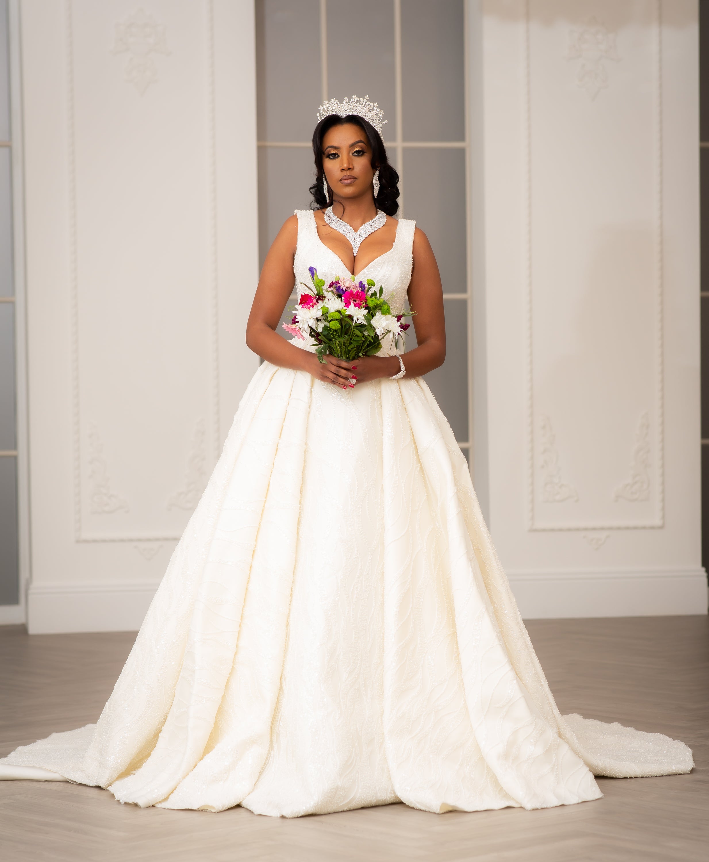 A Line Wedding Dresses V Neckline Court Train White RM Couture