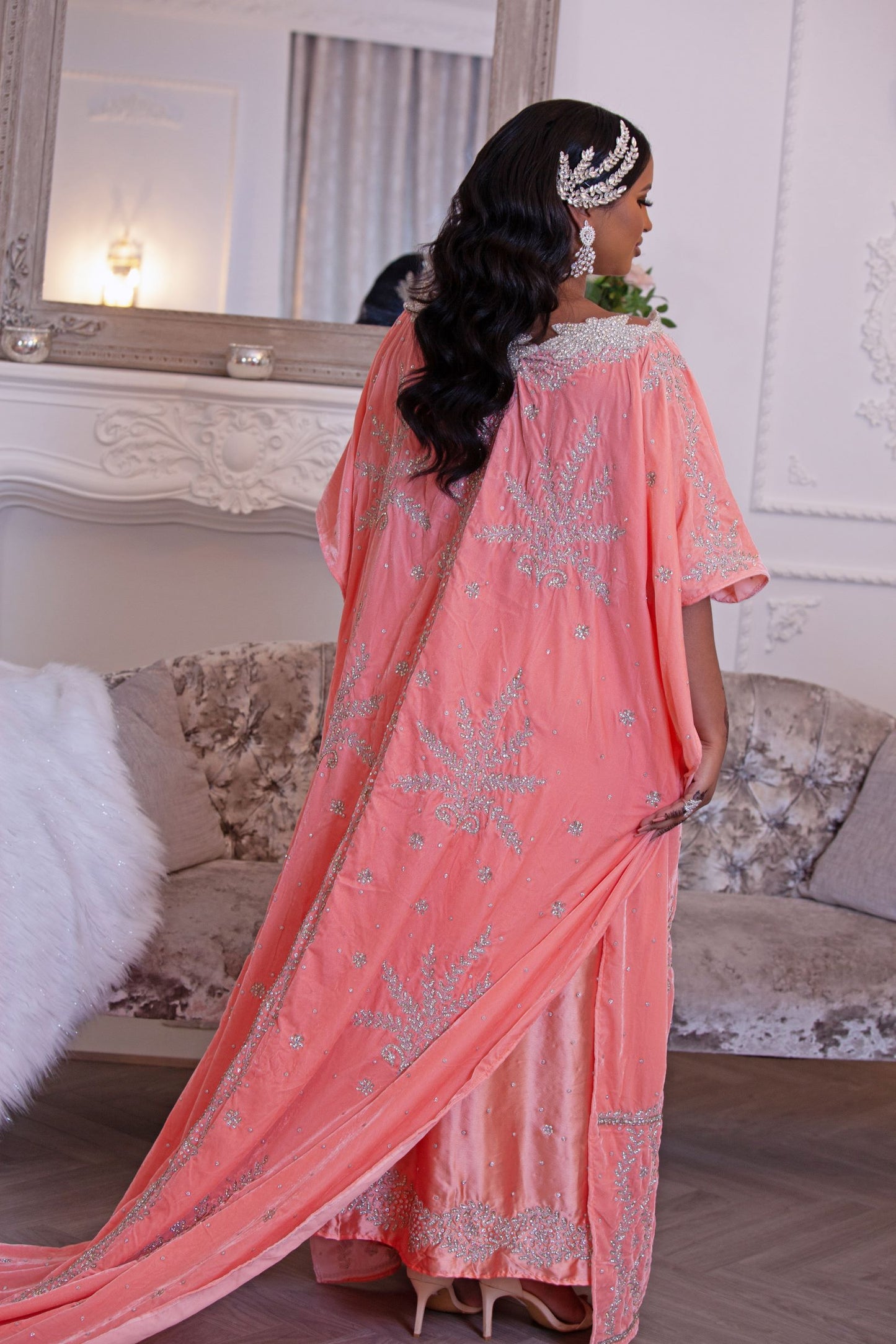 Peach Bridal Dirac Velvet Open From Both Side