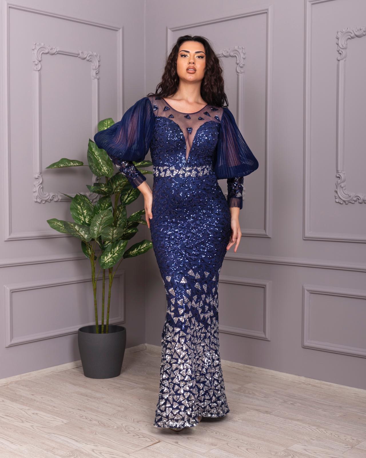 Evening Gown V-Neck Navy / silver