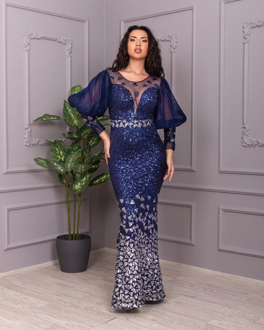 Evening Gown V-Neck Navy / silver