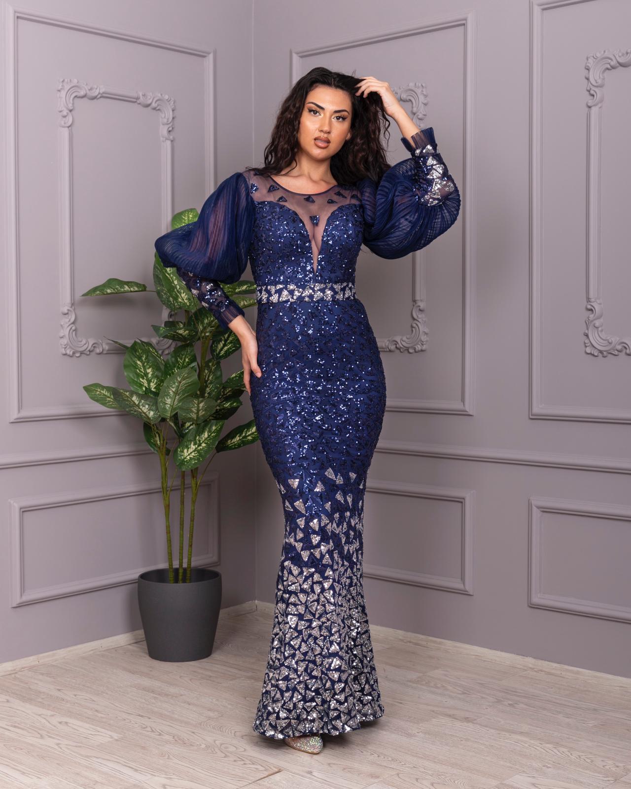 Evening Gown V-Neck Navy / silver