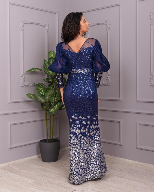 Evening Gown V-Neck Navy / silver