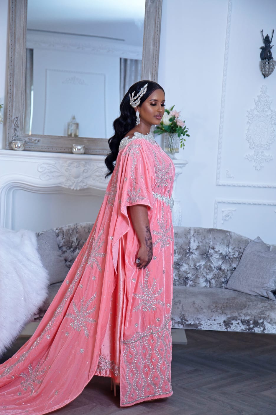 Peach Bridal Dirac Velvet Open From Both Side